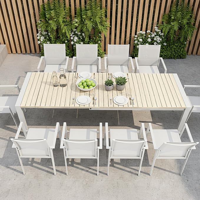 Outdoor Dining Table, Extendable Patio Dining Table for 6-10 People, Aluminum Frame with Wood-Grain Surface Drainage Design, All-Weather Expandable Dining Furniture Set for Garden Lawn Patio