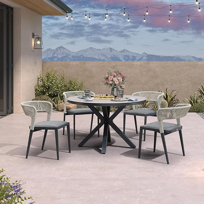 PURPLE LEAF 5 Pieces Oversized Round Aluminum Wicker Rattan Patio Dining Set for Lawn Backyard Deck Grey