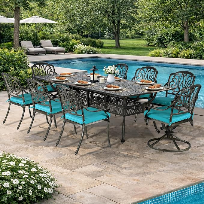 VIVIJASON 9-Piece Outdoor Dining Set, Cast Aluminum Patio Furniture Table & Chairs Set, Include 94.5" Rectangular Table, 2 Swivel Rockers, 6 Stationary Chairs, Umbrella Hole, Ocean Blue Cushion