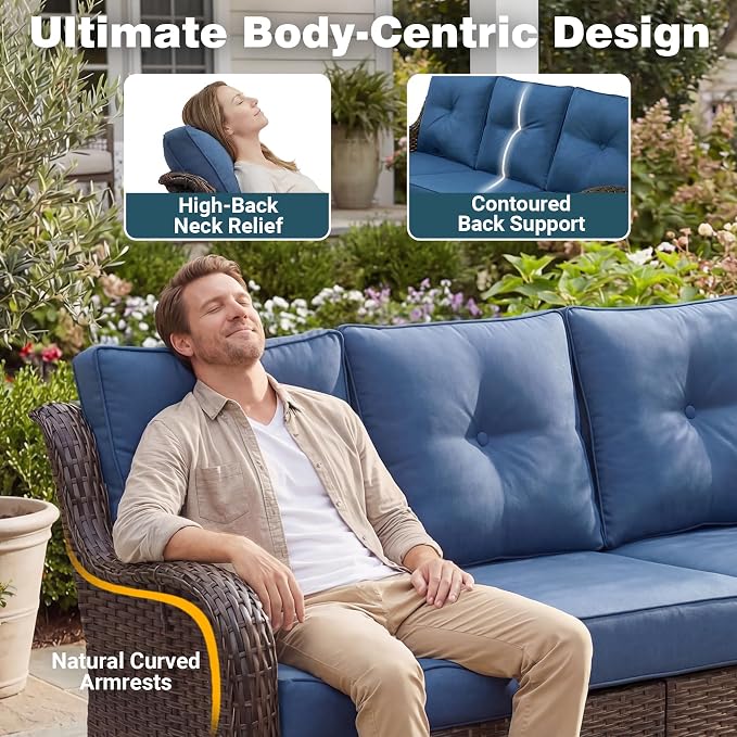 Patio Furniture Set, 8PCS Outdoor Wicker Conversation Set with 6" Thick Cushions, High Back Rattan Sofa & Swivel Rocker Chairs, Weather Resistant Olefin Fabric for Garden, Poolside, Navy Blue