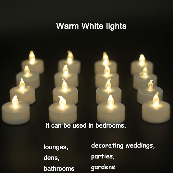 JUNPEI Pack of 24 Flameless Tea Light Candles Realistic Flickering:Battery Long Lasting Warm White Light Lamp Operated Powered for Seasonal & Festival Celebrations