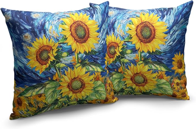 Sunflower Pillow Covers 24x24 Set of 2 Van Gogh Starry Night Throw Pillow Covers Oil Painting Sunflowers Pillow Case Spring Summer Cotton Linen Cushion Case for Sofa Garden Patio