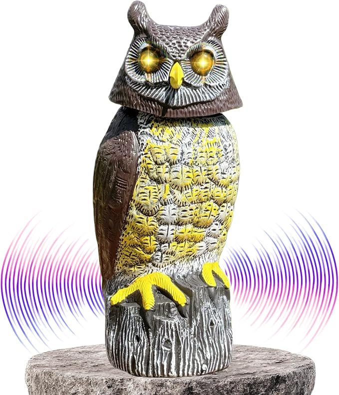 Large Solar Owl with Motion Detector, Flashing Eyes, Spinning Head, Realistic Hooting and Silent Mode, Garden Owl, Outdoor Statue, Decoration for Home, Garden, Patio and Fence