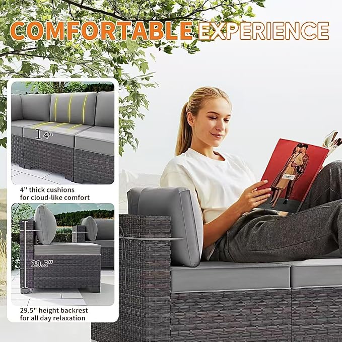 Gotland 8 Pieces Patio Furniture Set with Fire Pit Table, All Weather Rattan Outdoor Furniture with 29.5'' High Backrest 4’’ Thick Cushions Coffee Table, Outdoor Sectional for Porch, Deck, Gray