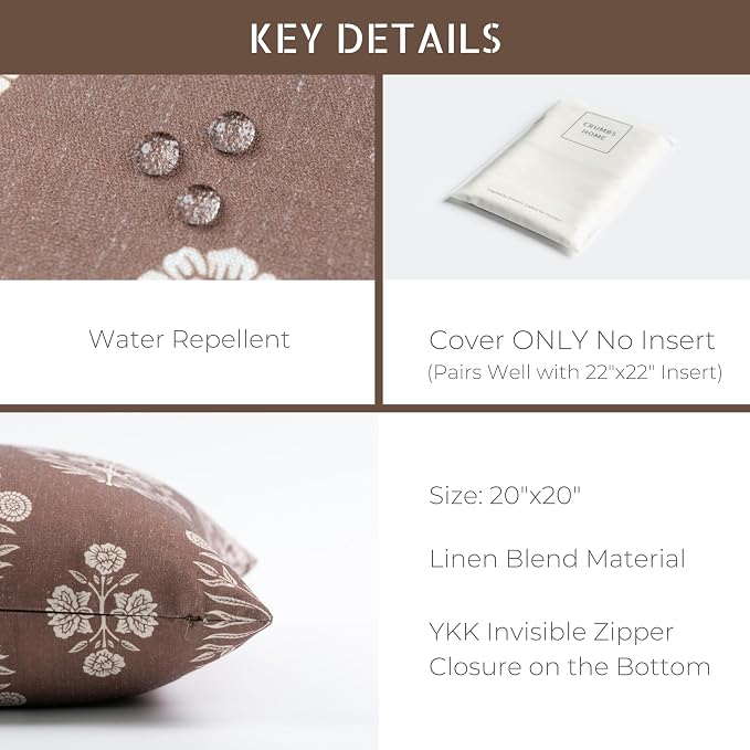 Modern Farmhouse Fall Linen Indoor Outdoor Throw Pillow Cover Only, 20"x20" Water Repellent for Patio, Backyard, Couch, Cocoa Brown Ivory Cream Floral