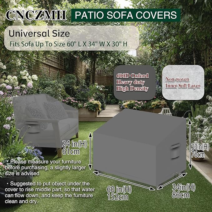 Heavy Duty Patio Sofa Covers Waterproof, Outdoor 3-Seater Couch Cover Waterproof, 600D Outdoor 2-Seater Loveseat Furniture Covers with Air Vent Handle 60''W x 34''D x 24''H/ 30''H Grey