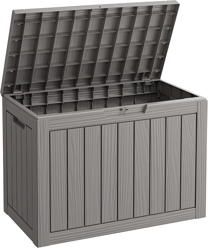 Fancyango 45 Gallon Outdoor Deck Box Waterproof, Storage Box for Patio, Resin Storage Bench Lockable for Garden Tools, Package Delivery, Grey