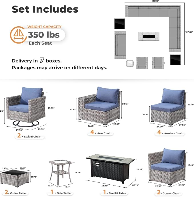 ovios 16 Pieces Patio Furniture Set, Outdoor Wicker Sectional Sofa with 54" Fire Pit Table Swivel Chairs, Modern Modular Deep Seat Rattan Couch Conversation Sets, Denim Blue