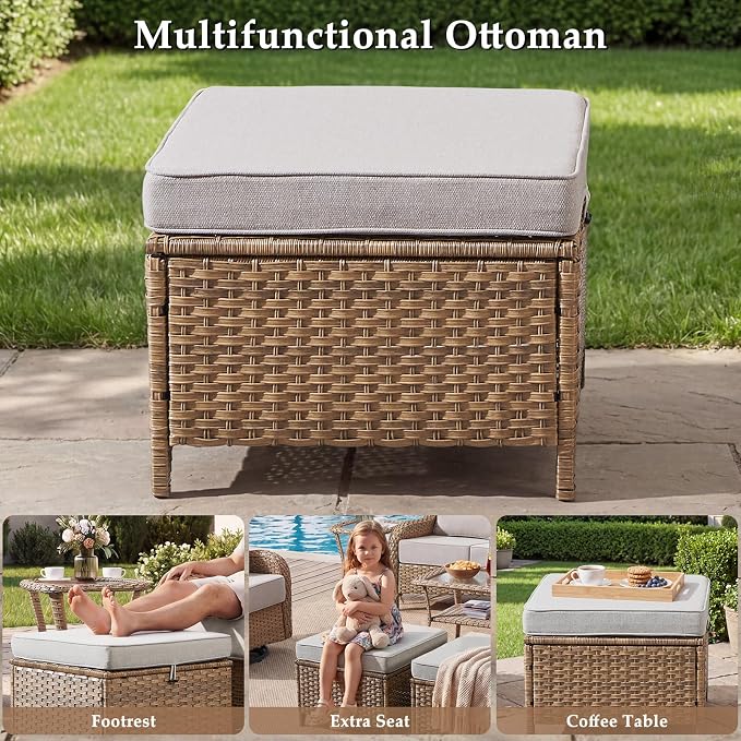 Luxury Patio Furniture Set with 42.5" Fire Pit Table, 6 Pieces High Back All Weather Wicker Outdoor Furniture w/ 6-Inch Thick Cushions, Patio Swivel Chairs Couch for Deck Balcony Backyard Yellow/Beige
