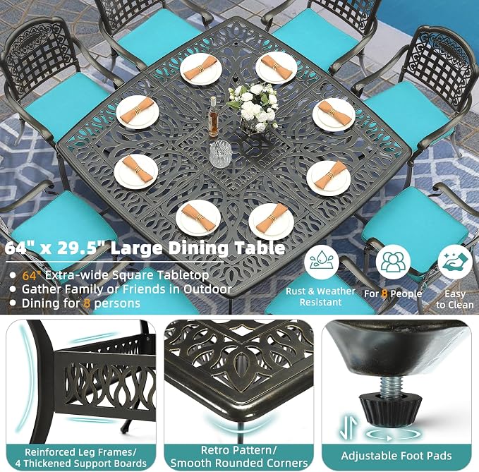 MEETWARM 9-Piece Outdoor Furniture Dining Set for 8, All Weather Cast Aluminum Patio Dining Set- Large 64" Square Table with Umbrella Hole, 8 Cushioned Chairs, Patio Table and Chairs Set, Ocean Blue