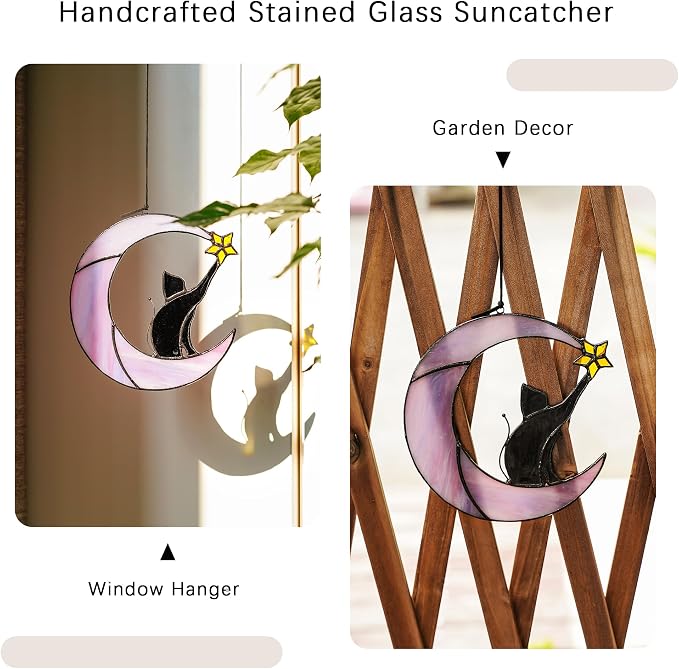 6.5'' Stained Glass Window Hanging Suncatcher-Black Cat on Purple Moon | Wall Art Glass Window Panel Sun Catcher,Halloween Decoration,Memorial Gift for Lover Cat Loss Women
