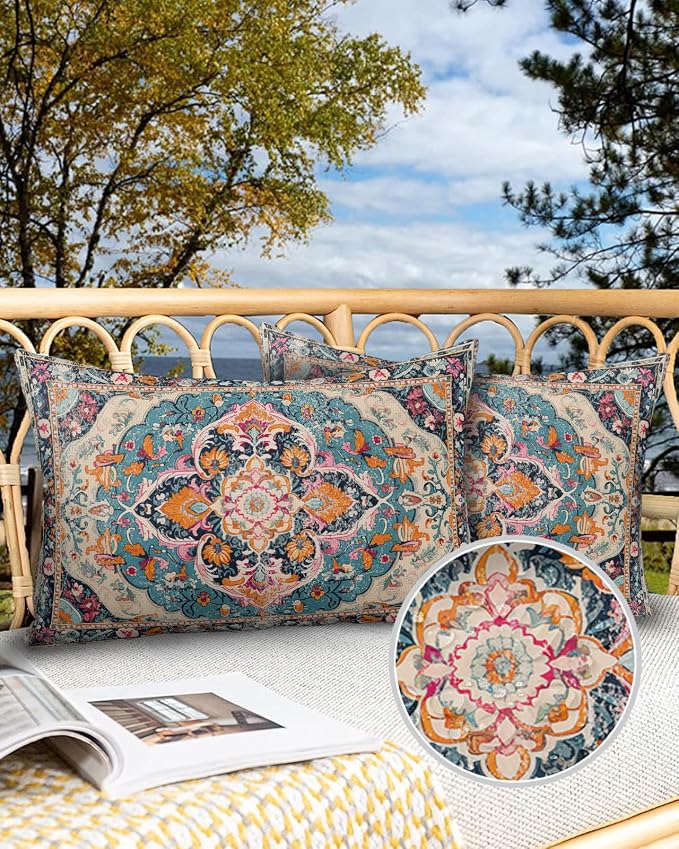 Outdoor Waterproof Pillow Covers Set of 2, Meddle Century Vintage Floral Mural Pattern Patio Throw Pillow Covers, Decorative Cushion Case for Couch Sofa Furniture Garden, 20x12 Inch