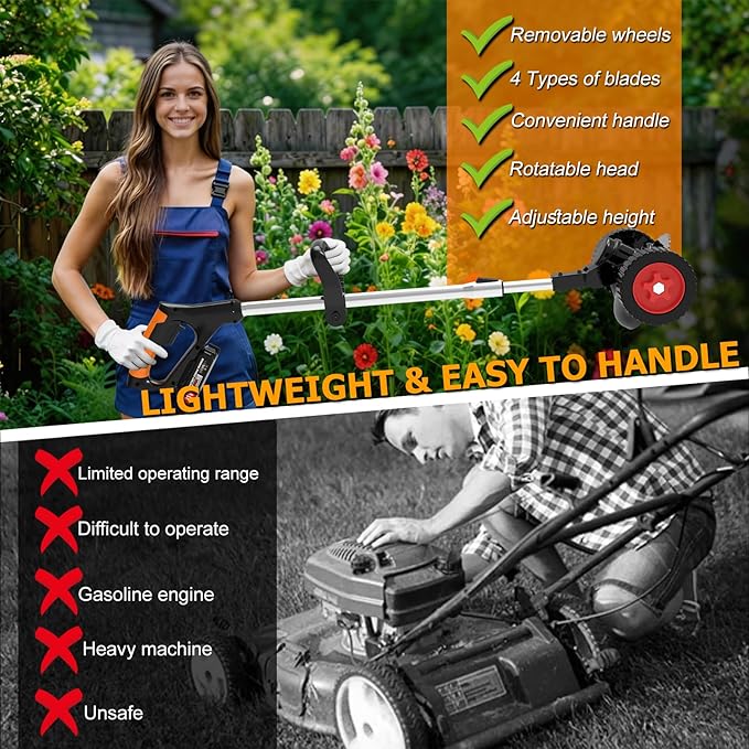 Cordless Weed Wacker Eater Battery Powered Electric Weed Trimmer with 2 21V/2.0Ah Battery Operated & Weed Storage Bag, No-String Grass Trimmer 4 Types Blades for Garden Yard