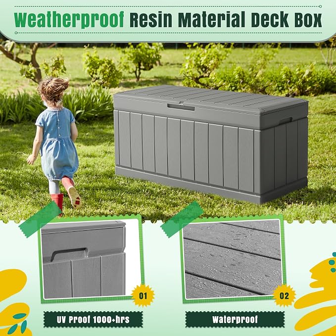 Greesum 82 Gallon Resin Deck Box Large Outdoor Storage for Patio Furniture, Garden Tools, Pool Supplies, Weatherproof and UV Resistant, Lockable, Light Grey