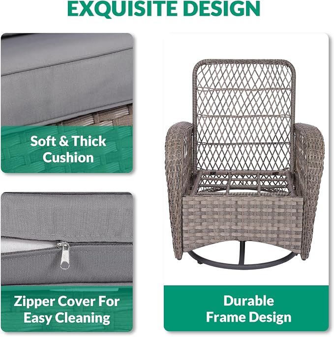 VIVIJASON 3-Piece Outdoor Conversation Bistro Set, Patio Swivel Glider Rocking Chairs Rattan Furniture Sets w/ 2 Rattan Chairs, Glass Top Side Table for Porch Backyard, Gray Wicker & Gray Cushions