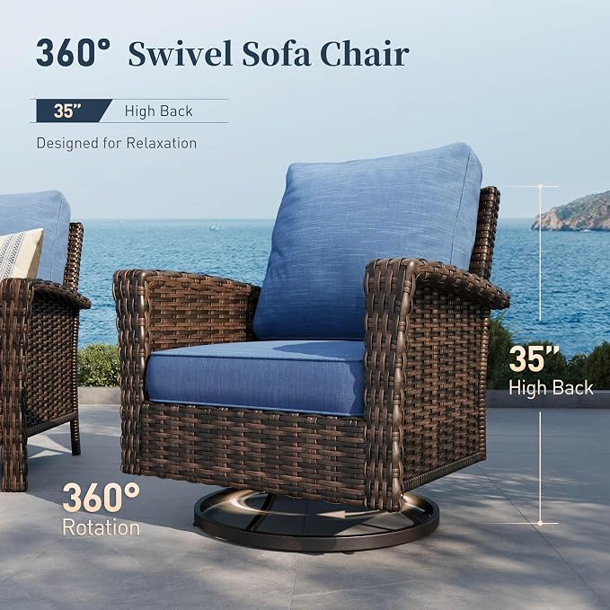 Patio Furniture Set with Swivel Chairs, High Back Wicker Rattan Furniture with 5.5" Thick Cushions, Fire Pit Table and Ottomans, All Weather Outdoor Conversation Set for Backyard Deck,9 Seats, Blue