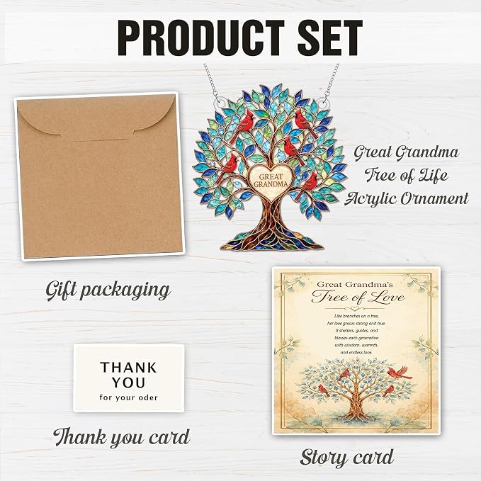 Grandma Gifts, Gifts for Grandma, Grandma Birthday Gifts, Tree of Love 4 inch Suncatcher for Great Grandma, Cardinal Bird Family Tree Window Hanging Decor with Keepsake Message Card
