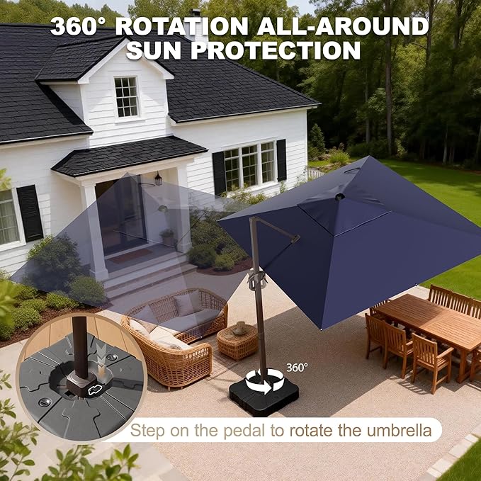 9' X 12' Cantilever Patio Umbrella Rectangle Outdoor Umbrella, 6-Level Tilt & 360° Rotation Offset Umbrella for Garden, Deck, Pool (Navy Blue)