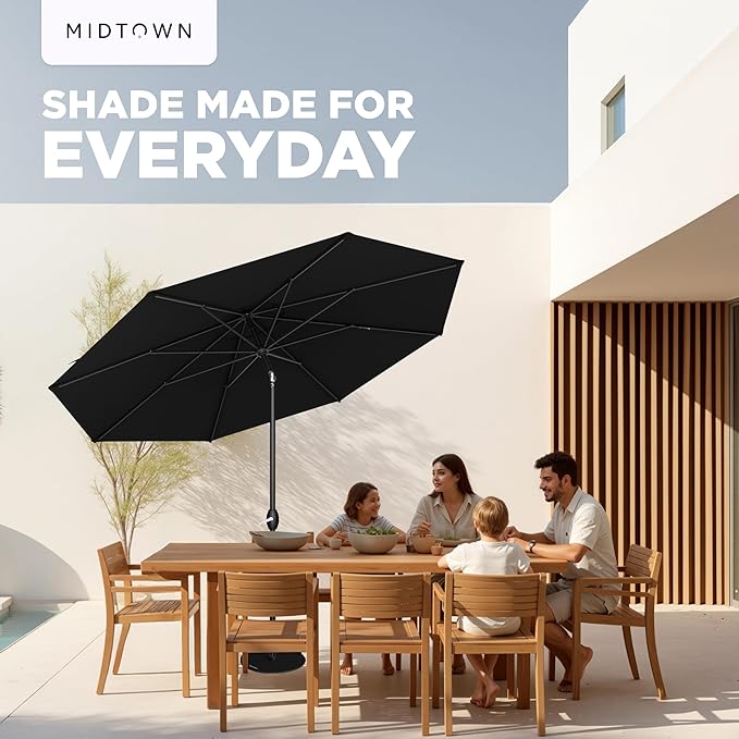 Midtown Umbrellas - 10-Year-No-Fade 10 Ft Patio Umbrella with Terylast Fabric, Auto-Tilt Aluminum Frame and 8 Reinforced Ribs for Deck, Pool, Garden & Beach - Ebony Black Canopy, Black Pole