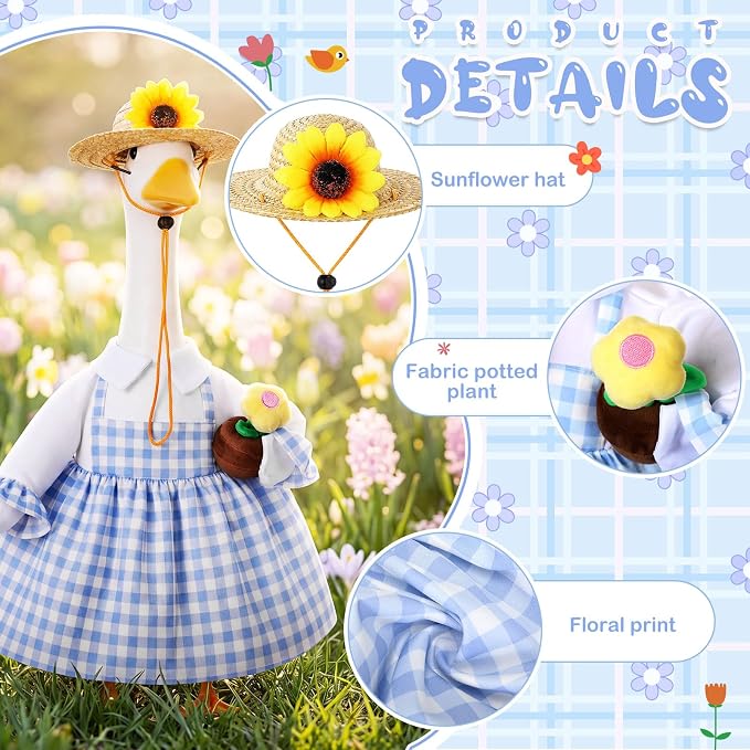 FuWeave Spring Summer Goose Outfit Porch Goose Clothes for 23" Large Statue Outdoor Patio Yard Lawn Art Decoration, Blue Plaid Dress Sunflower Hat