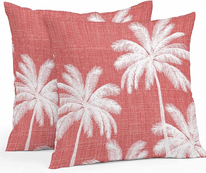 Outdoor Pillow Covers 24x24 Inch Set of 2, Coral Red Palm Trees Waterproof Throw Pillow Covers, Farmhouse Tropical Summer Beach Decorative Cushion Pillowcases for Couch, Sofa, Bed, Garden, Patio