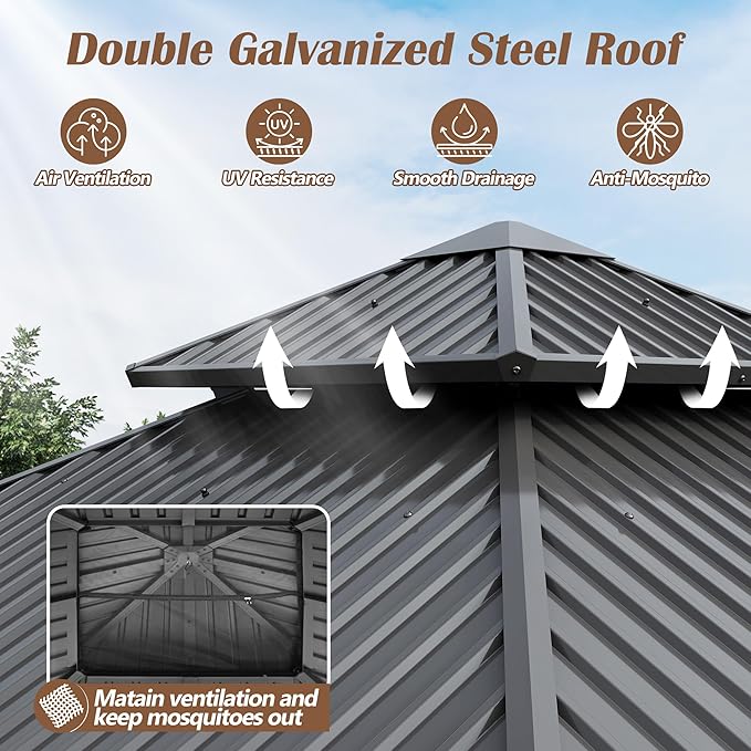 8.5'x8.5' Wood Gazebo, Outdoor Hardtop Gazebo with Wood Posts and Galvanized Steel Doule Roof, Wooden Frame Gazebos with Netting & Curtains for Patio Backyard Deck