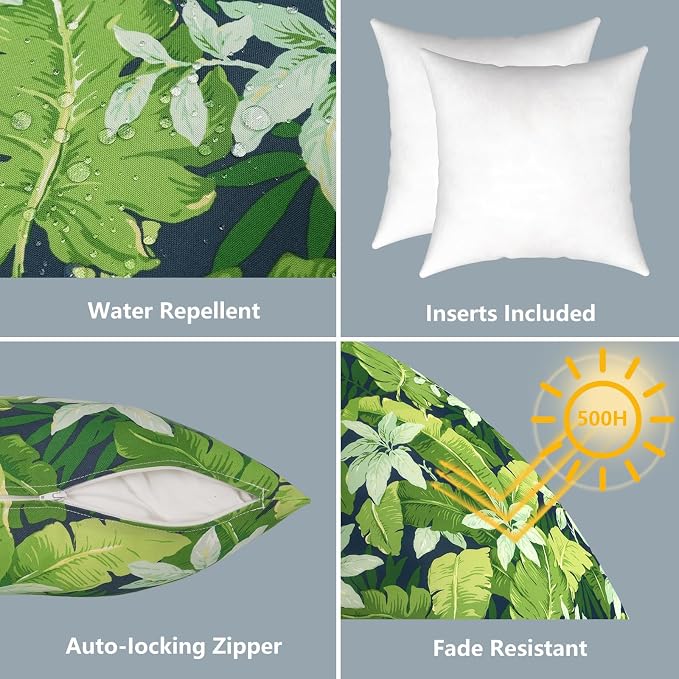 LVTXIII Outdoor Throw Pillows 16x16 Inch, Set of 2 Square Decorative Pillows with Inserts for Patio Furniture, Porch Chair, Garden Sofa, Jungle Leaves