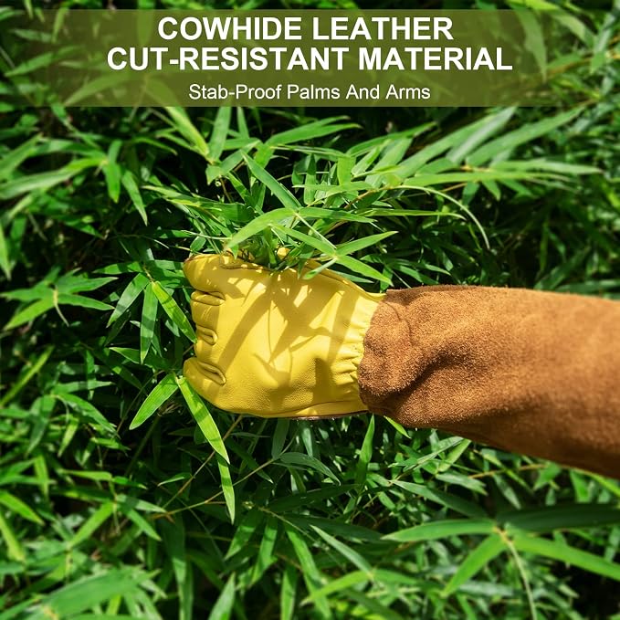 WOHEER Long Gardening Gloves for Women Thorn Proof,Rose Pruning Cowhide Leather Garden Glove for Cactus, Rose and Blackberry