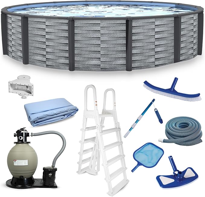 Blue Wave Affinity 18-ft Round 52-in Deep Hard Sided Above Ground Pool with Resin Top Seats & Verticals, Dual-Speed Sand Filter System, Ladder, Liner, Skimmer & Maintenance Kit – 7,200 Gal Cap