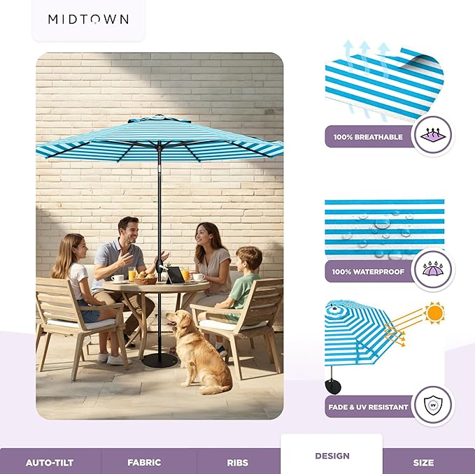 Midtown Umbrellas - 10-Year-No-Fade 8 Ft Patio Umbrella with Terylast Fabric, Auto-Tilt Aluminum Frame and 8 Reinforced Ribs for Deck, Pool, Garden & Beach - Blue/White Stripes Canopy, Black Pole