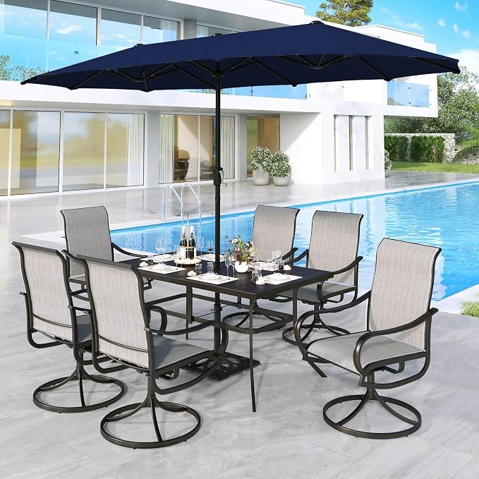 MFSTUDIO Outdoor Dining Set for 6, Patio Furniture Set with Navy Umbrella (Base not Included), Outdoor Metal Table and Light Grey Swivel Chairs Set for Patio, Deck, Backyard, Garden