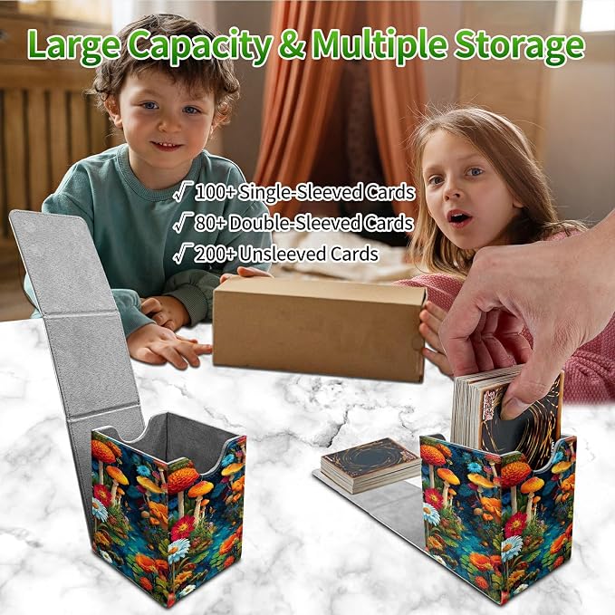Mushroom Red Flower Card Deck Box for MTG, Personalized Card Storage Case Fits 120+ Sleeved Cards, Premium Leather TCG Box with Strong Magnetic Closure for Magic, CCG, PTCG, Baseball Cards