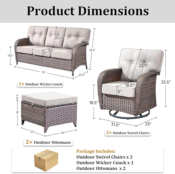 5 PCS Patio Furniture Set Outdoor Sectional Sofa Couch with Rocking Swivel Chairs 5" Deep Seat Chairs, Modern Wicker Rattan Conversation Set, Beige/Brown Wicker