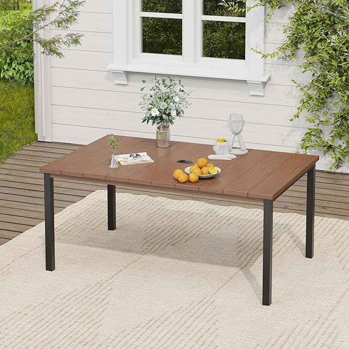 VICLLAX 7 Pieces Patio Dining Set, Patio Furniture Set of 6 Patio Stackable Dining Chairs and Outdoor Metal Table with Umbrella Hole for Backyard Lawn Garden, Brown Chairs and Walnut Table