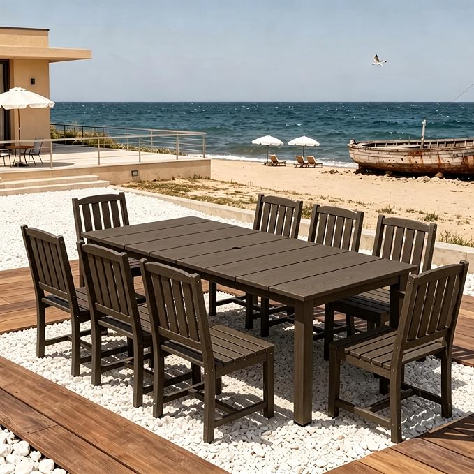 AreShark 9-Piece Outdoor Dining Set,HDPE Patio Table with 8 Armless Chairs,All-Weather Patio Furniture Set with Umbrella Hole,Low Maintenance Wood Grain Dining Set for Backyard,Garden,Poolside,Black