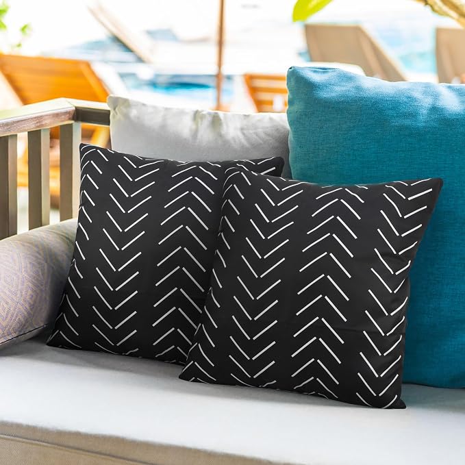Adabana Geometric Waterproof Outdoor Pillow Covers 18x18 Black and White | Set of 2 Waterproof Design for Patio, Porch, Garden and Beach Decor