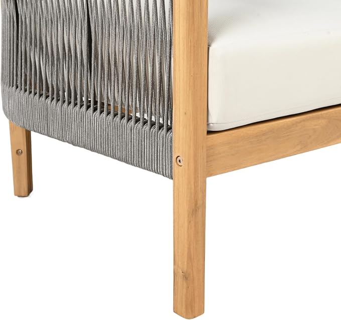 Christopher Knight Home Havets 2 Pieces Conversation Set, Acacia Wood Loveseat and Coffee Table Set, Woven Rope Armchair, Slats Panel End Table, 6" Thick Cushion Couch for Backyard Garden, Gray+Beige