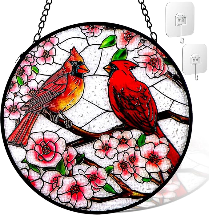 Remiawy Cardinal Stained Glass Window Hanging, 10 Inch Sun Catcher Glass Panel with Metal Chain and Hooks Suncatcher Indoor Window Wall Art Home Decor Gift for Bird Lovers Women Mother's Day Christmas