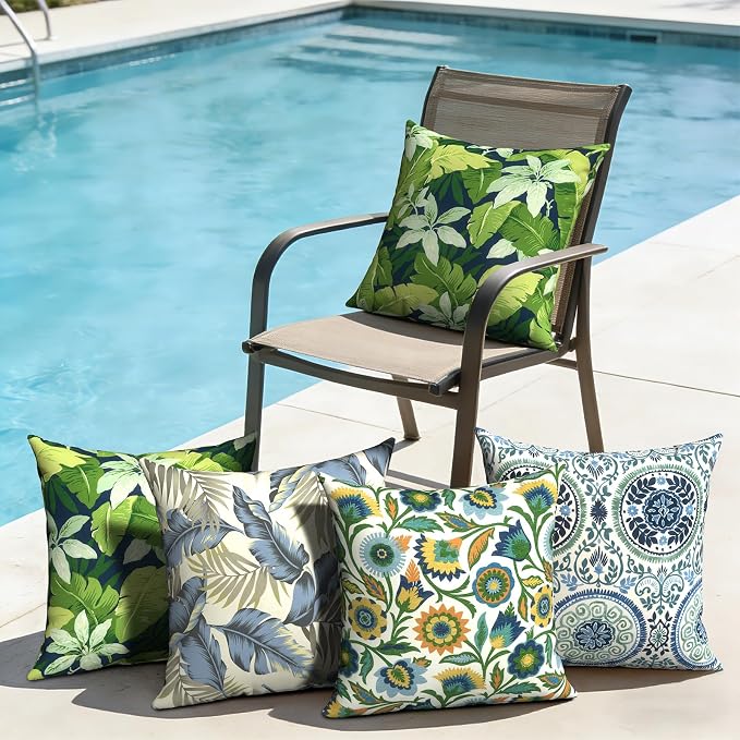 Outdoor Pillows with Insert 20x20 Inch, Waterproof Throw Pillow for Patio Furniture, Decorative Back Cushion for Garden Home Sofa Office Chair, Set of 2, Lush Palm Blue