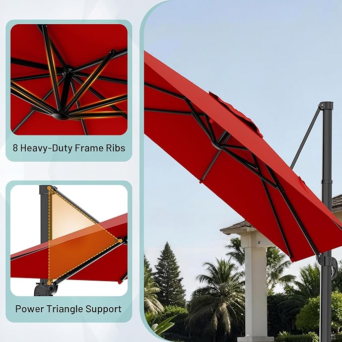 AreShark 10 X 10 FT Cantilever Patio Umbrella, 360-Degree Rotation Square Hanging Offset Umbrella with Crank, Heavy Duty Patio Umbrella for Patio, Pool, Garden, Deck, Red