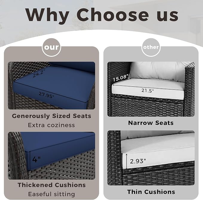 78" Wicker 3-seat Sofa, Outdoor Conversation Furniture, All-Weather Rattan Couch, Steel Frame Couch with Cushions for Garden, Poolside, Porch (Navy Blue)