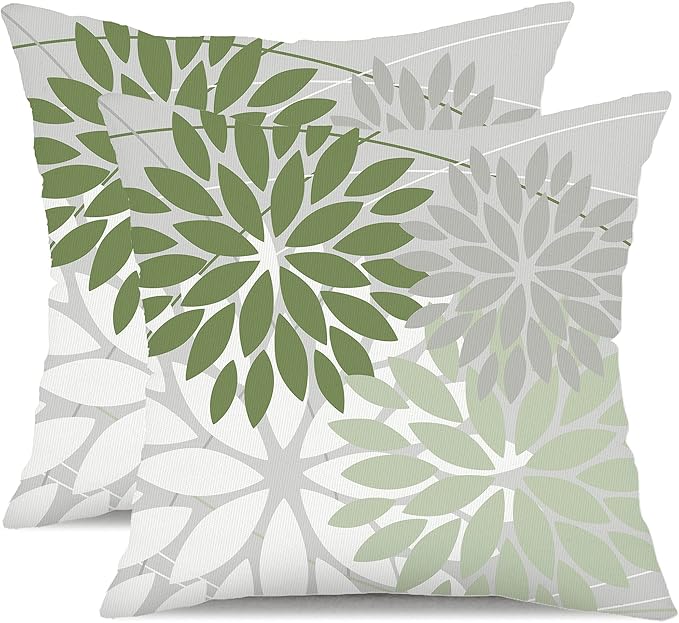DFXSZ Pack of 2 Outdoor Waterproof Throw Pillow Covers 16x16 Green White | Polyester Colorful Spring Summer Floral Decorative Cushion Cases(NO INSERT),For Couch Patio Funiture Garden Home Decor
