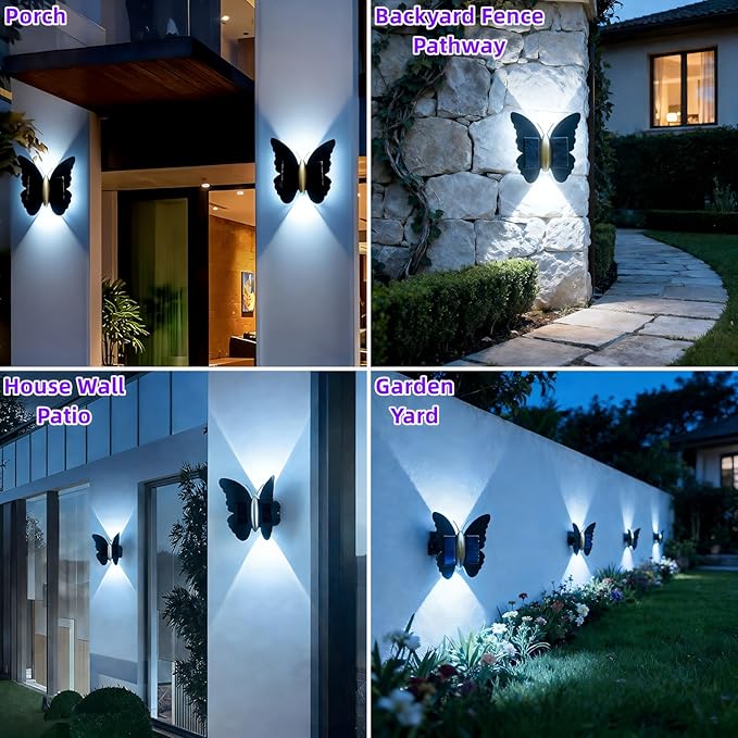 Butterfly Wall lihgts Decorations Solar Fence Lights Outdoor Solar Deck Light Waterproof LED Solar Powered Step Light Garden Butterfly Decorative Lighting for Front Door Yard Patio (White Light)