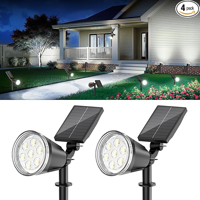 Solar Spot Lights Outdoor, 1000LM Big Adjustable Solar Lights Outdoor Waterproof, 2-in-1 Solar Powered Spotlights Landscape Lighting for Garden, Yard, Pathway, Tree, Flag (4P, Cool White)