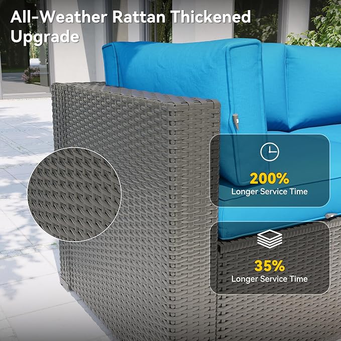 Aoxun Patio Furniture Set with Swivel Rocker Chairs, 10 Piece Outdoor Sectional Sofas, Wicker Rattan Outdoor Furniture with Thickened Cushion for Backyard, Garden Peacock Blue