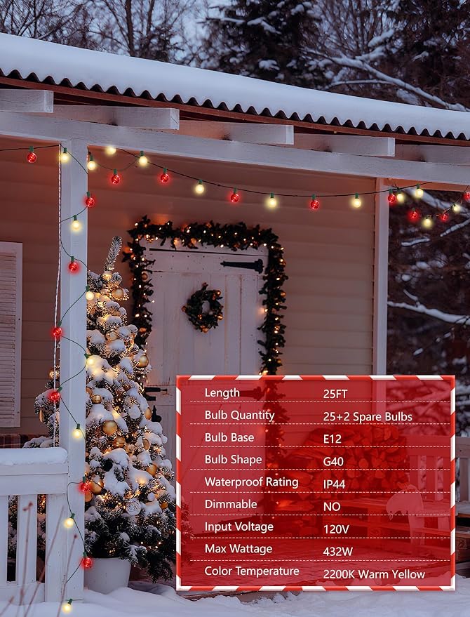 SUNSGNE G40 Frosted Red and White Christmas Lights, 25FT Christmas Round Lights with 25 Frosted Red and White Globe Bulbs for Outdoor Indoor Xmas Pergola Gazebo Patio Yard Decorations
