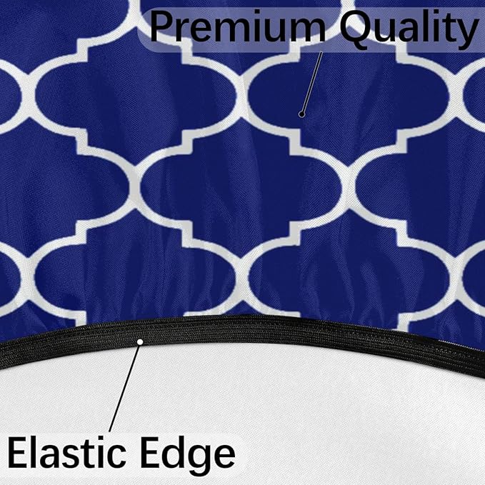 Fitted Round Tablecloth with Umbrella Hole and Zipper Navy Blue Outdoor Elastic Table Cloth 45"-56" Oil-Proof Waterproof Moroccan Patio Table Cover for Dining Picnic Party Camping