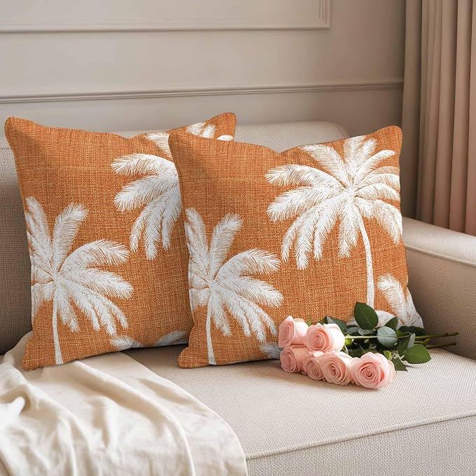 Outdoor Pillow Covers 16x16 Inch Set of 2, Burnt Orange Palm Trees Waterproof Throw Pillow Covers, Farmhouse Tropical Summer Beach Decorative Cushion Pillowcases for Couch, Sofa, Bed, Garden, Patio