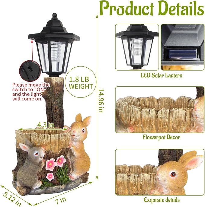 Solar Bunny Statue Outdoor, Rabbits Figurine with Flowerpot & Lantern | Garden Sculptures for Yard Art Lawn Ornaments Porch Patio Balcony - Gardening Gifts for Women Mom