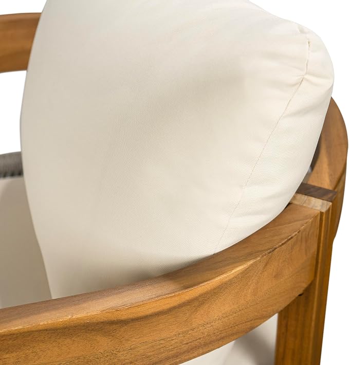 Merax 27.5" Outdoor Curved Accent Chair with All-Weather Cushions Set of 2, Acacia Wood Frame Single Club Chair for Porch, Lawn, Backyard, Balcony, Teak+ Beige